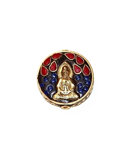 Cuenta  Tibetana bronce, lapislázuli y coral  30x30x7mm paso 2mm