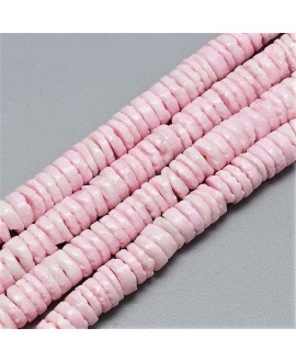 Cuentas redondas planas de conchas agua dulce teñido color rosa, 5~7x1~3mm, paso 1mm, precio por ristra de 65cm