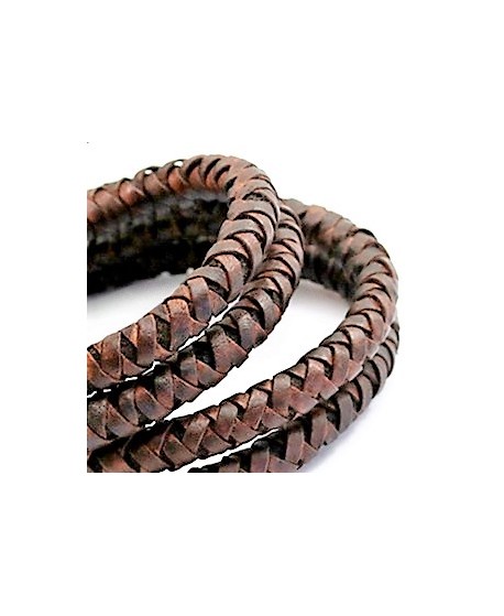 Cordón de cuero  8mm trenzado redondo, marrón medio earth-acabado vintage, calidad superior, precio por metro