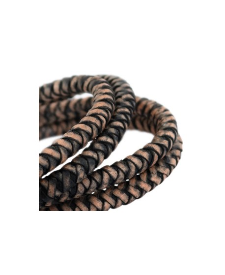 Cordón de cuero  8mm trenzado redondo, negro-acabado vintage, calidad superior, precio por metro