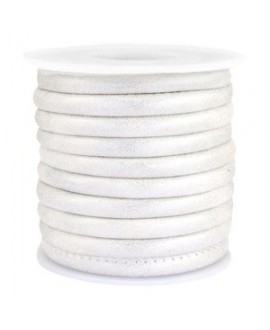 Cordón de cuero Silver white metallic PU (imitación) con costura 6x4mm, precio por metro