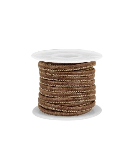 Cordón de cuero marrón rich PU (imitación) con costura 4x3mm, precio por metro