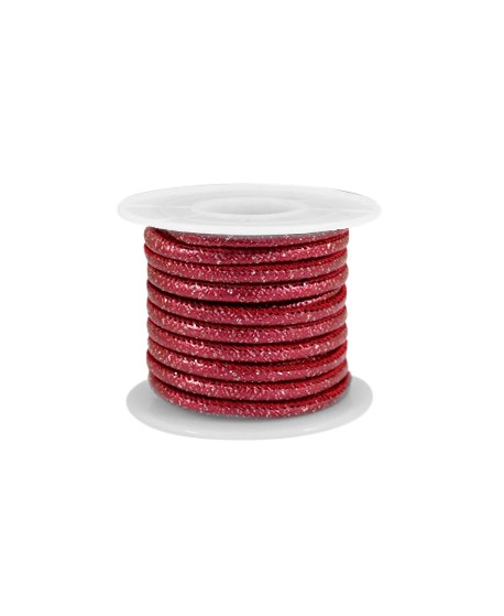 Cordón de cuero SPARKLE rojo Cabernet metálico PU (imitación) con costura 4x3mm, precio por metro