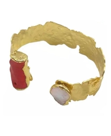 Pulsera de cobre chapada en oro de 18 kilates con perla barroca y coral rojo, diámetro 57mm