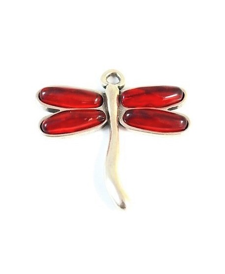 Colgante libélula 62x61mm resina roja y zamak baño de plata